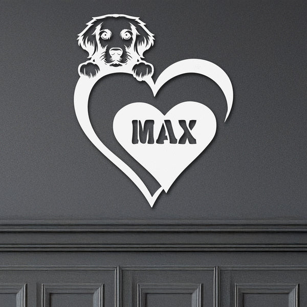 White metal sign featuring a golden retriever and a heart-shaped name plaque, displayed on a dark background.