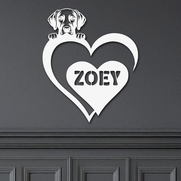 White metal sign featuring a labrador and a heart-shaped name plaque, displayed on a dark background.