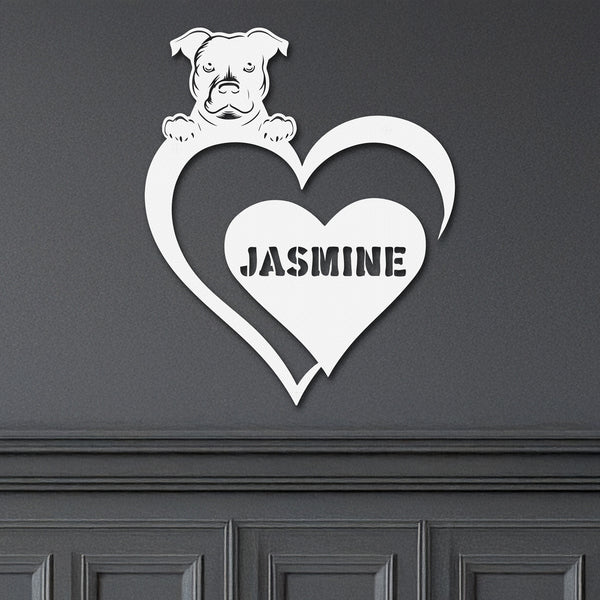 White metal sign featuring a pit bull and a heart-shaped name plaque, displayed on a dark background.
