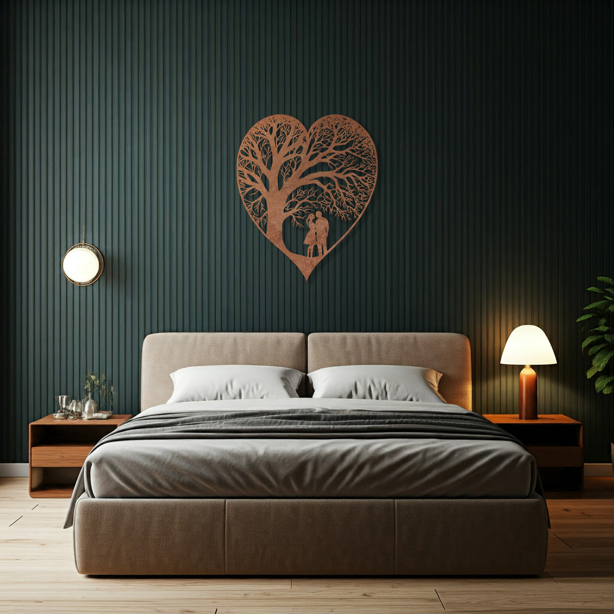 A copper heart-shaped metal wall decor with a detailed tree-like pattern in a bedroom setting, representing the theme of everlasting love.