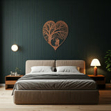 A copper heart-shaped metal wall decor with a detailed tree-like pattern in a bedroom setting, representing the theme of everlasting love.