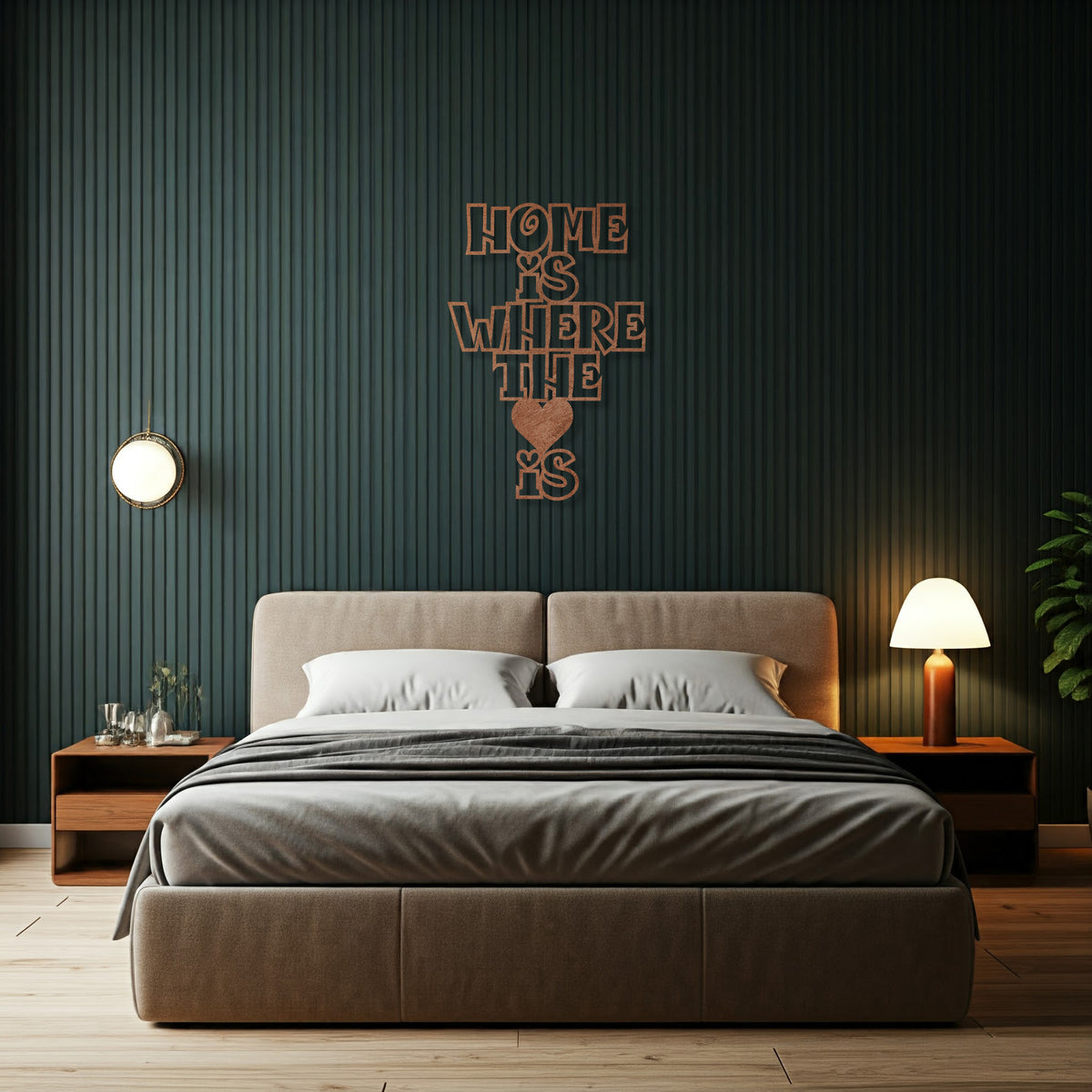 Copper metal sign with the phrase 'Home Is Where The Heart Is' displayed above a bed in a modern bedroom.