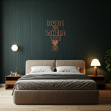 Copper metal sign with the phrase 'Home Is Where The Heart Is' displayed above a bed in a modern bedroom.