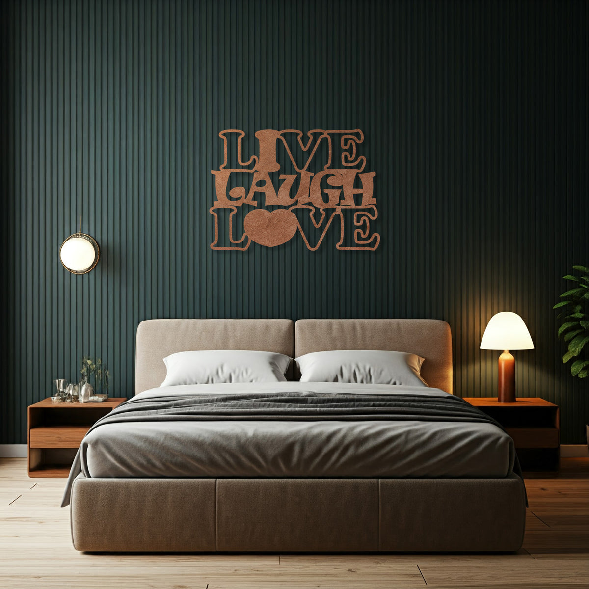 Metal die-cut sign with the phrase 'Live Laugh Love' in a bedroom setting with a modern bed and side tables.