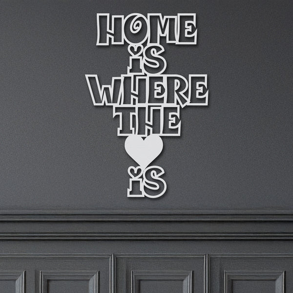Close-up of a white metal sign with the phrase 'Home Is Where The Heart Is' and a small heart icon.