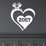 White metal sign featuring a labrador and a heart-shaped name plaque, displayed on a dark background.