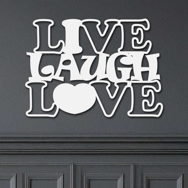 Live Laugh Love metal art sign with a heart symbol for the "o", on a grey wall.