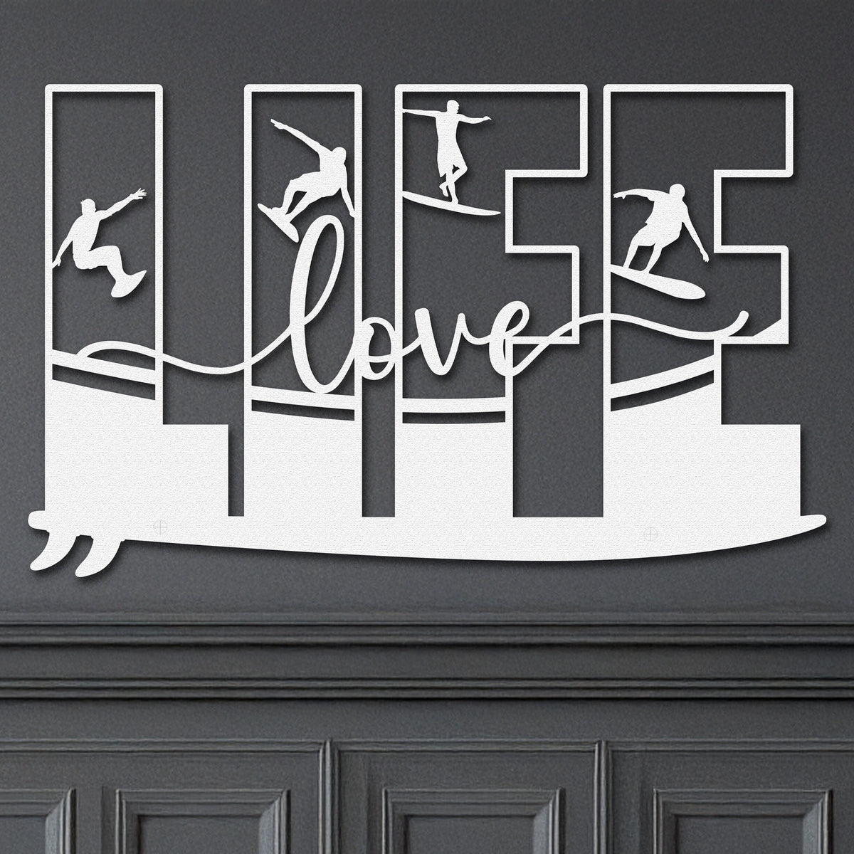 White decorative metal wall art featuring the word 'LIFE' with silhouettes of surfers in various poses within each letter, and the word 'love' written in cursive script in the center.