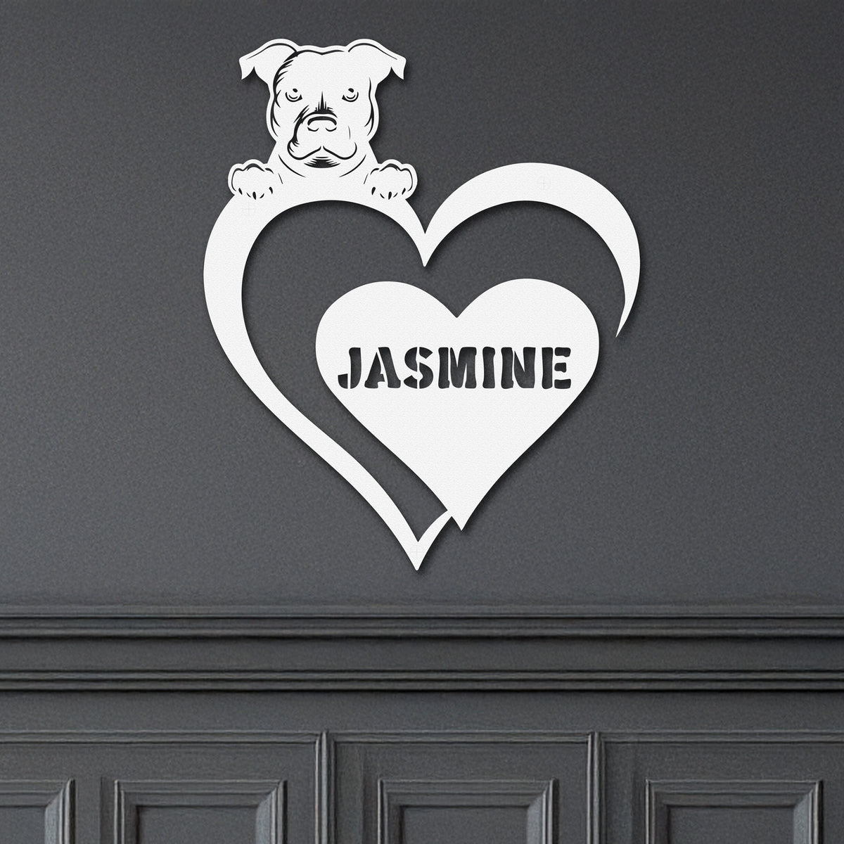 White metal sign featuring a pit bull and a heart-shaped name plaque, displayed on a dark background.