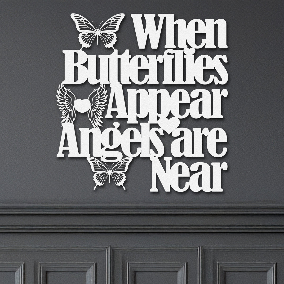 Detailed view of the "When Butterflies Appear, Angels Are Near" metal wall art