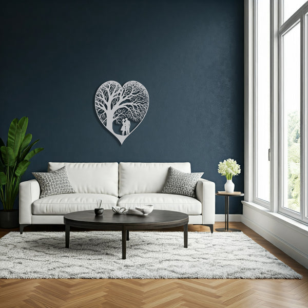 An additional view of the metal heart-shaped wall decor with a detailed tree-like patternthis time is silver in a living room setting.