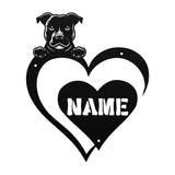 Close-up of a black metal sign featuring a pit bull and a heart-shaped name plaque with the text 'Name' to show where your custom text would be placed.