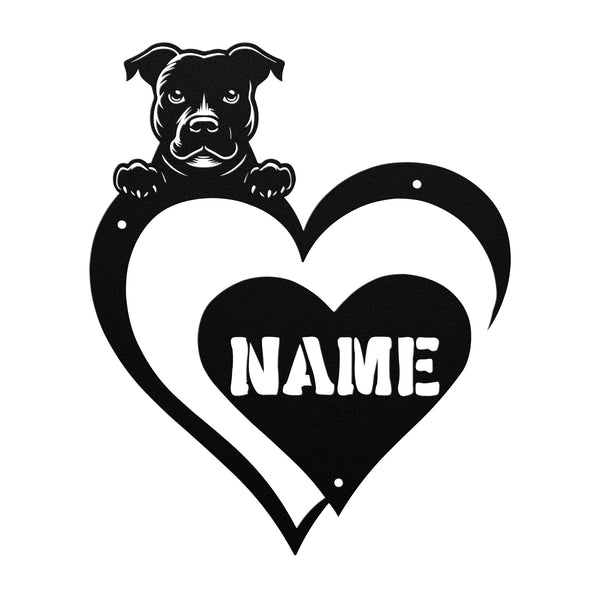 Close-up of a black metal sign featuring a pit bull and a heart-shaped name plaque with the text 'Name' to show where your custom text would be placed.