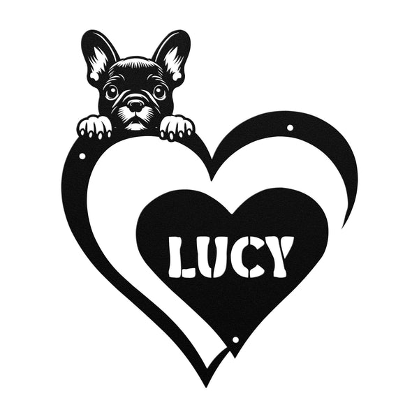 Close-up of a black metal sign featuring a pug and a heart-shaped name plaque with the text 'Lucy' to show where your custom text would be placed.