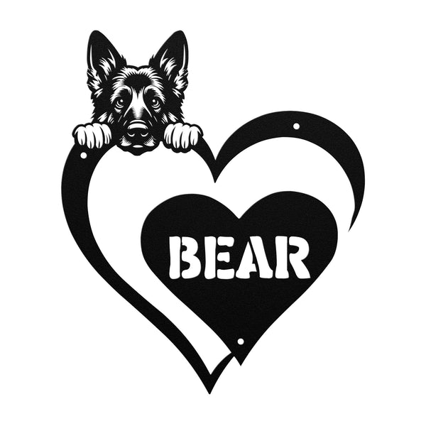 A metal sign featuring a heart shape with the name 'BEAR' in the center and a German Shepherd dog peeking over the top of the heart.