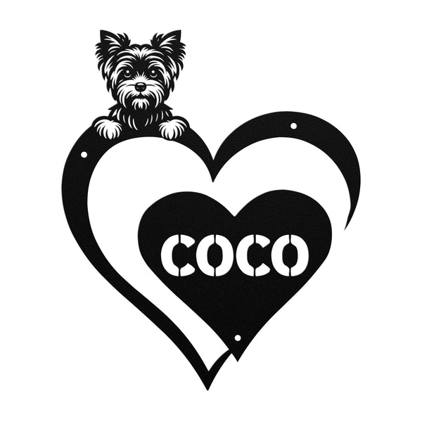 Close-up of a black metal sign featuring a yorkie and a heart-shaped name plaque with the text 'Coco' to show where your custom text would be placed.