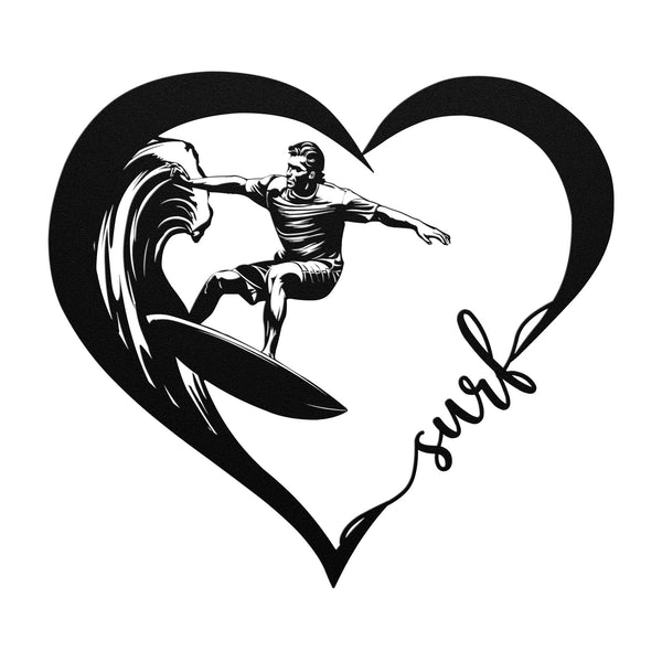 Close uo of a black metal wall art featuring a surfer riding a wave inside a heart shape with the word 'surf' written in cursive.