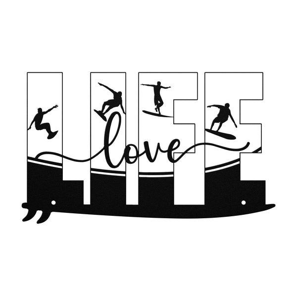 Decorative metal wall art featuring the word 'LIFE' with silhouettes of surfers in various poses within each letter, and the word 'love' written in cursive script in the center, riding on a surfboard.
