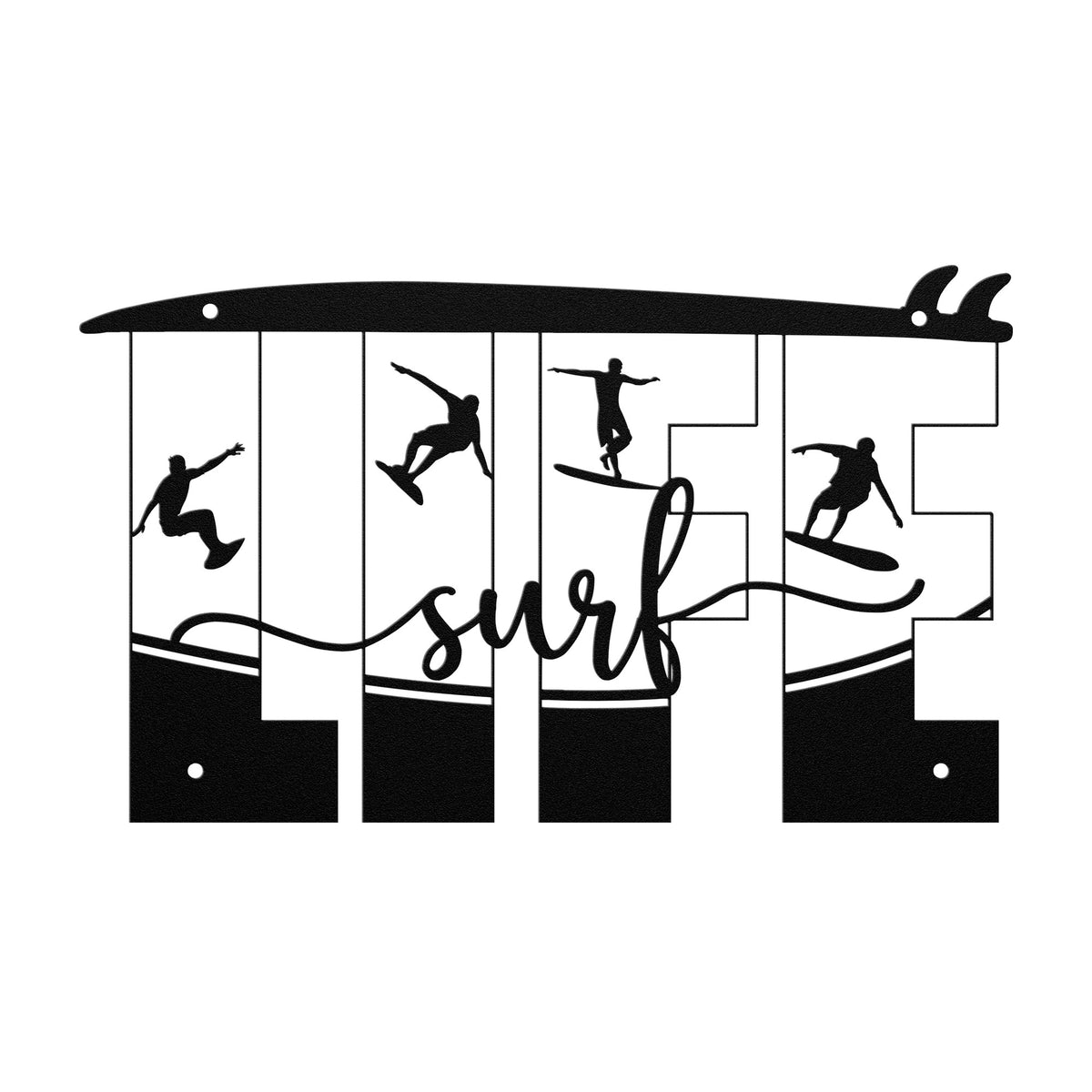 Decorative metal wall art featuring the word 'LIFE' with silhouettes of surfers in various poses within each letter, and the word 'surf' written in cursive script in the center, riding under a surfboard.