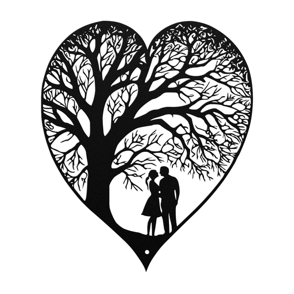A black and white metal heart-shaped wall decor with a detailed tree-like pattern and two silhouettes of a couple embracing. This represents the symbol of everlasting love.