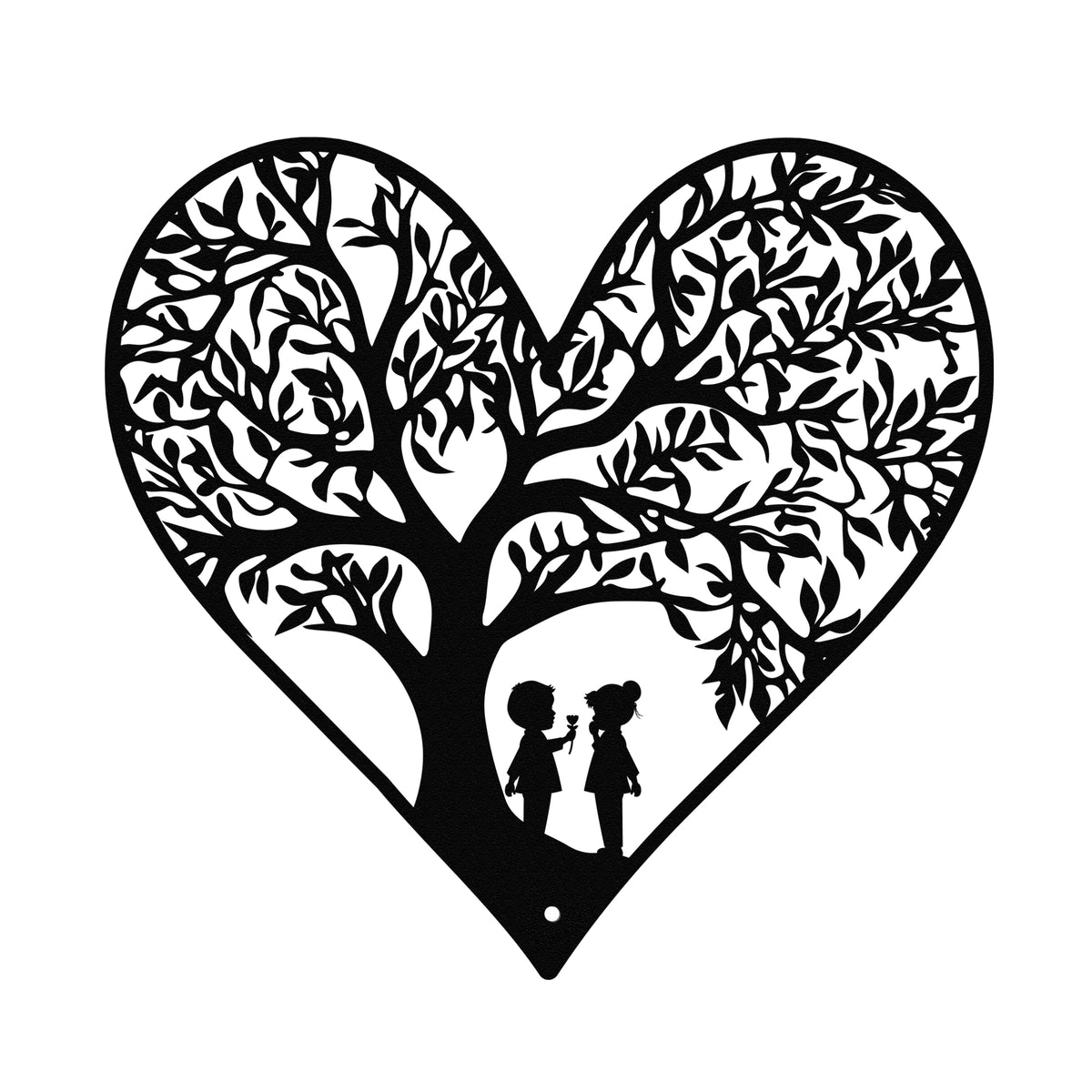 Close-up of black metal heart wall art with intricate tree and children design.
