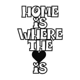 Close-up of a black metal sign with the phrase 'Home Is Where The Heart Is' and a small heart icon.