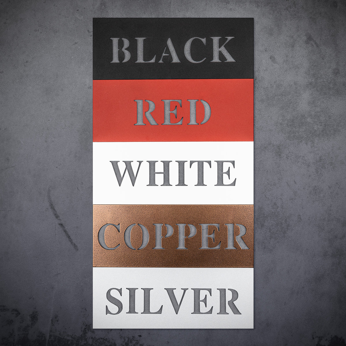 Color options for the 'Home Is Where The Heart Is' metal sign: Black, Red, White, Copper, Silver.