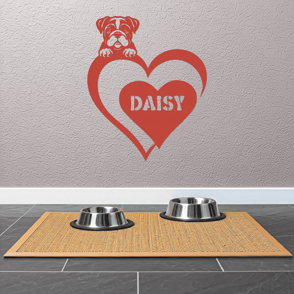 Personalized pet  red metal wall sign  featuring a dog silhouette and the name "Daisy"