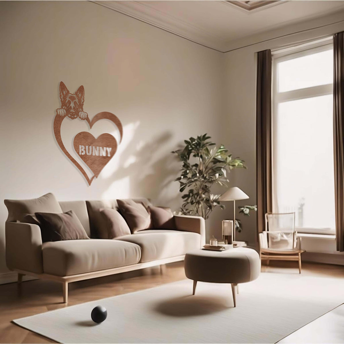 Copper metal sign with a German Shepard silhouette peeking over a heart, with the name "Bunny" written inside the heart, mounted on a tan wall. above a sofa in a living room.