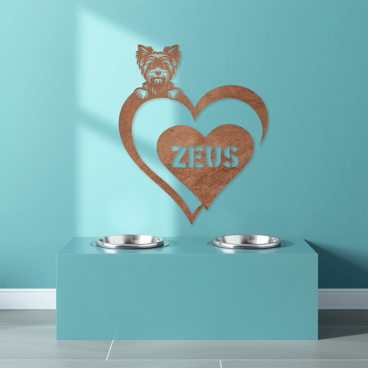 Copper metal sign featuring a yorkie and a heart-shaped name plaque with "Jack" on it, displayed above a blue dog feeding stand.